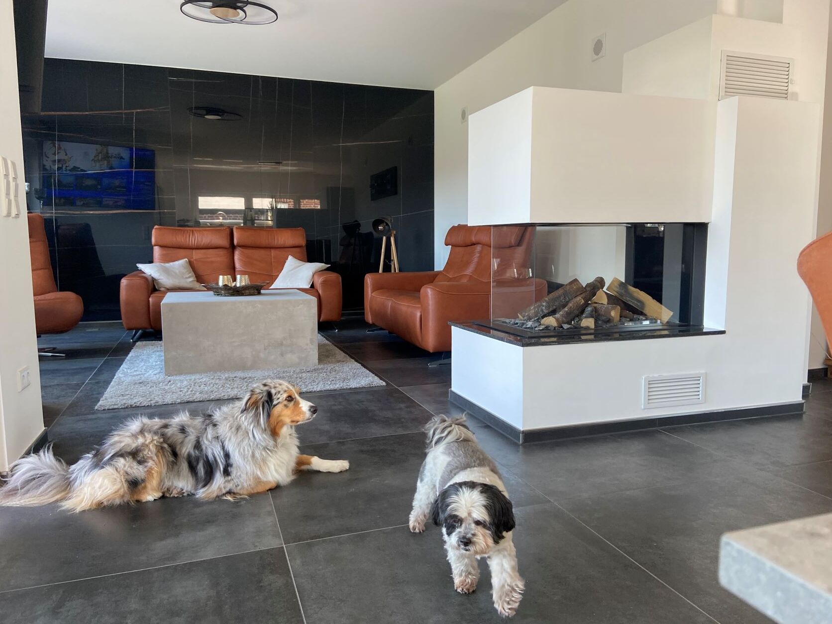 Wohnzimmer mit grauen Fliesen