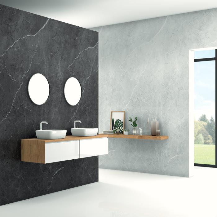 C+S Design Boards aus Alu-Dibond für Ihr Badezimmer Design Boards in Fliesenoptik in einem modernen Badezimmer